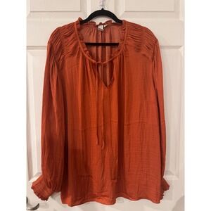 Joie Rust Orange‎ Ruffle Neck Tie Front Long Sleeve Blouse Plus Size 3X